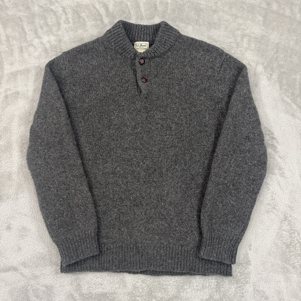 LL Bean Sweater Men's Large Reg Gray Henley 100% Lambs Wool Knit Pullover 285174